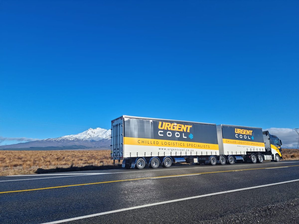 Urgent Cool B-train trailer with Mt Ruapehu in the background